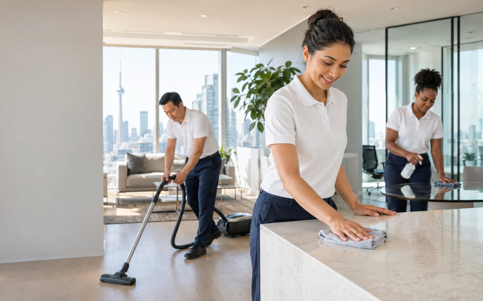 Professional cleaning team working in a bright Greater Toronto Area space